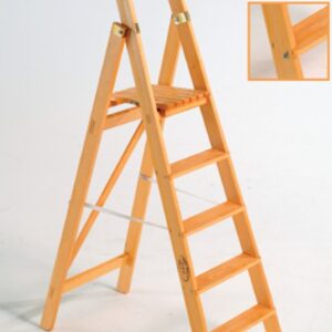 Scala in legno di abete a libro con piattaforma e base di appoggio - Gradini 10